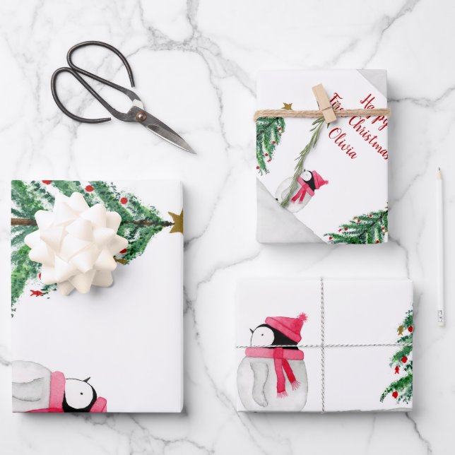 Personalized Peggy Penguin 1st Christmas  Wrapping Paper Sheets (Front)