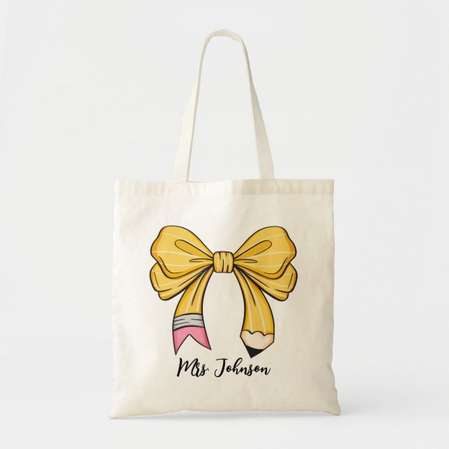 Personalized Pencil Coquette Bow Teacher Tote Bag (Front)