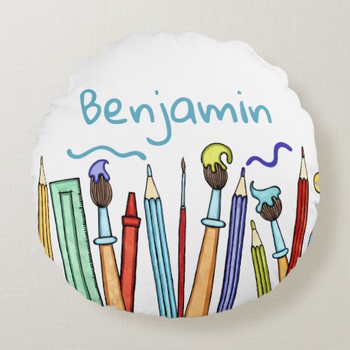 Personalized Pencils and Paintbrushes Artists Round Pillow