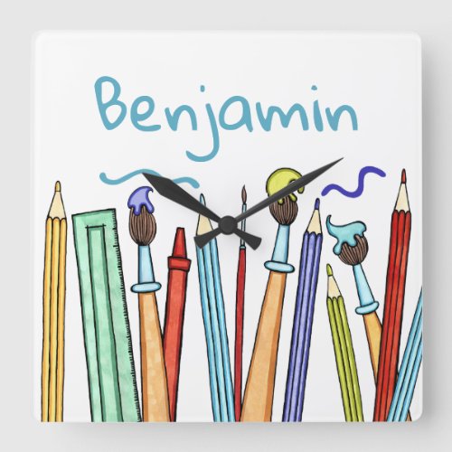 Personalized Pencils and Paintbrushes Artists Square Wall Clock