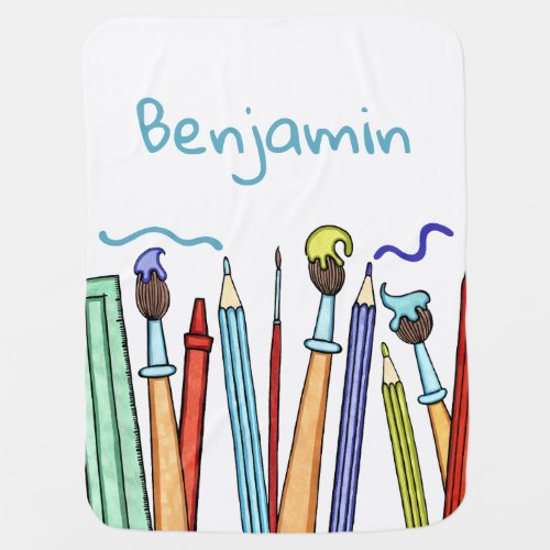 Personalized Pencils and Paintbrushes Baby Blanket
