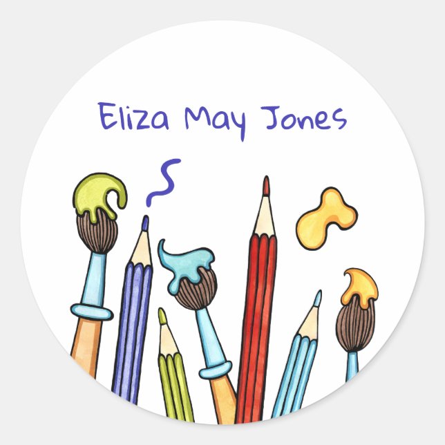 Personalized Pencils and Paintbrushes Classic Round Sticker (Front)