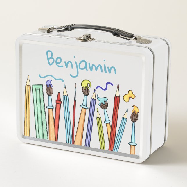 Personalized Pencils and Paintbrushes Metal Lunch Box (Front)