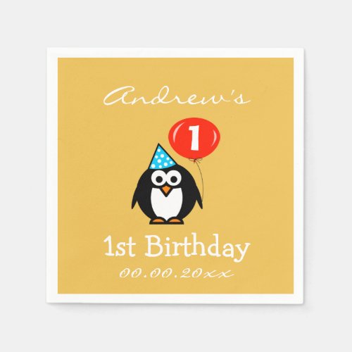 Personalized penguin 1st Birthday party napkins