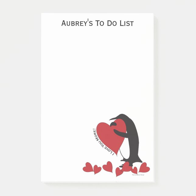 Personalized Penguin and Red Heart Post-it Notes (Front)
