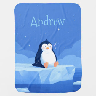 Personalized Penguin Baby Blanket, Blue Baby Blanket