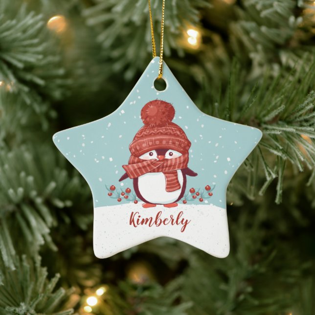 Personalized Penguin Christmas Ceramic Ornament (Tree)