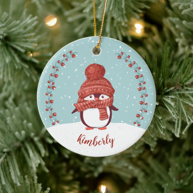Personalized Penguin Christmas Ceramic Ornament (Tree)
