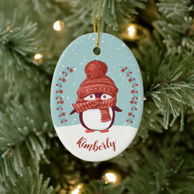 Personalized Penguin Christmas Ceramic Ornament (Tree)