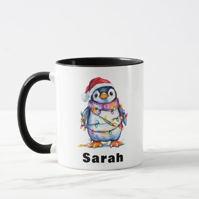 Personalized Penguin Christmas Lights Custom Name Mug (Left)