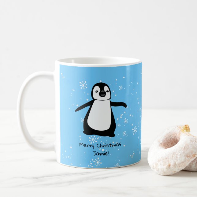 Personalized Penguin Christmas Snow Coffee Mug (With Donut)