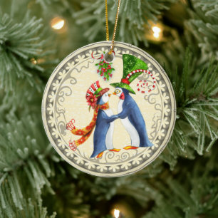 Personalized Penguin Couple Mistletoe Christmas Ceramic Ornament
