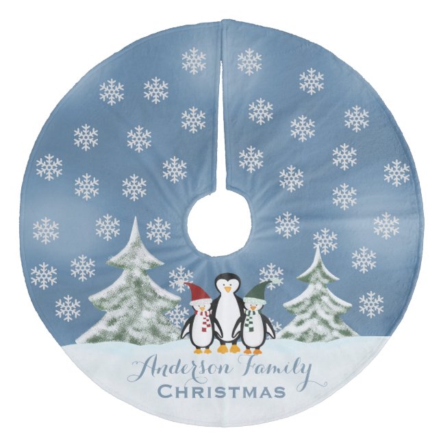 Personalized: Penguin Family Christmas Tree Skirt (Front)