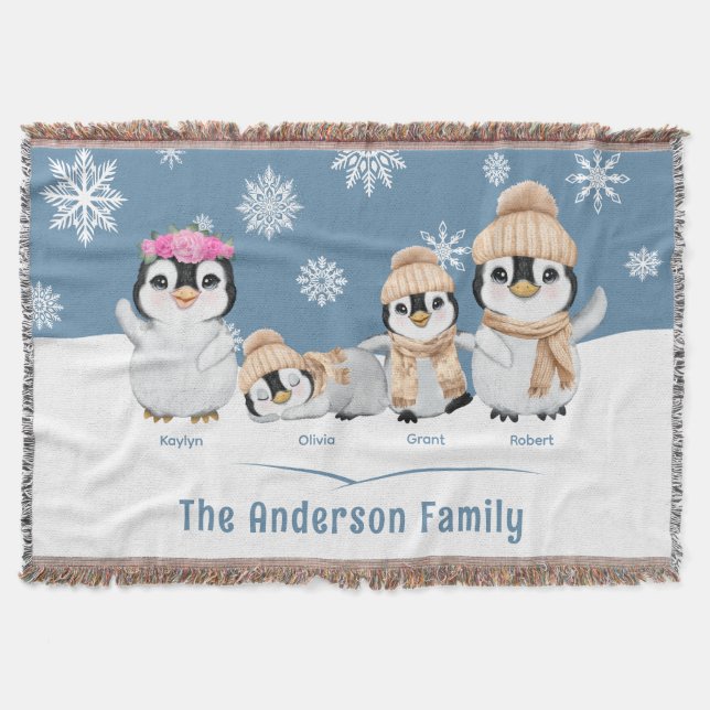 Personalized Penguin Family Holiday Throw Blanket (Front)