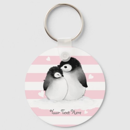 Personalized Penguin Heart Button Keychain Pink