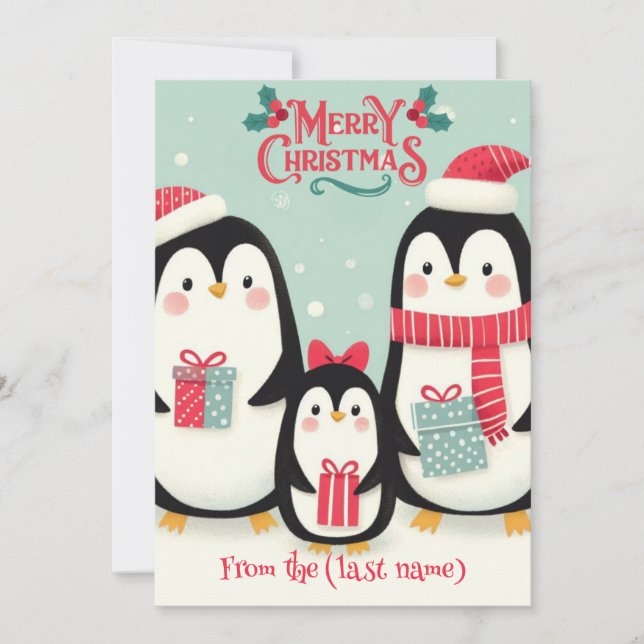 Personalized Penguin Merry Christmas Holiday Card (Front)