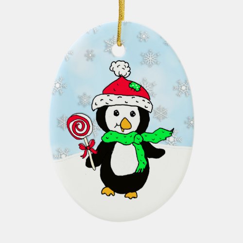 Personalized penguin Snowy Day Christmas Ceramic Ornament