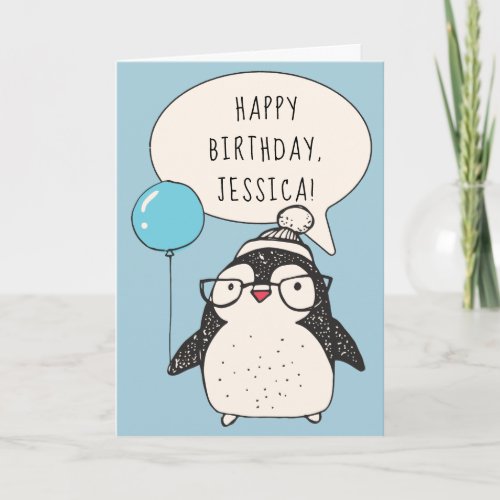 Personalized Penguin with a Blue Balloon Birthday Card