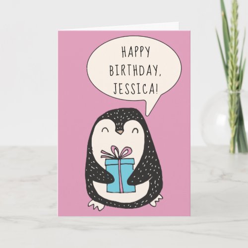 Personalized Penguin with a Wrapped Gift Birthday Card