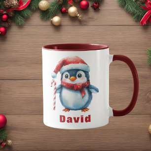 Personalized Penguin with Candy Cane Custom Name Mug