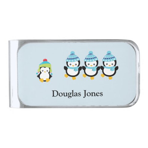 Personalized Penguins Dressed for Winter    Silver Finish Money Clip