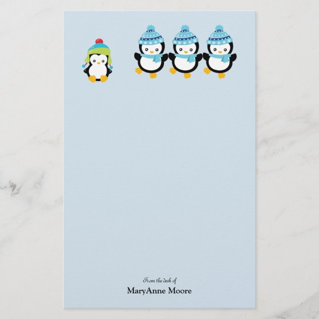 Personalized Penguins Dressed for Winter  Stationery (Front)