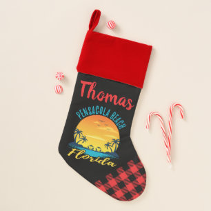 Personalized Pensacola Beach Florida Palms Plaid Christmas Stocking