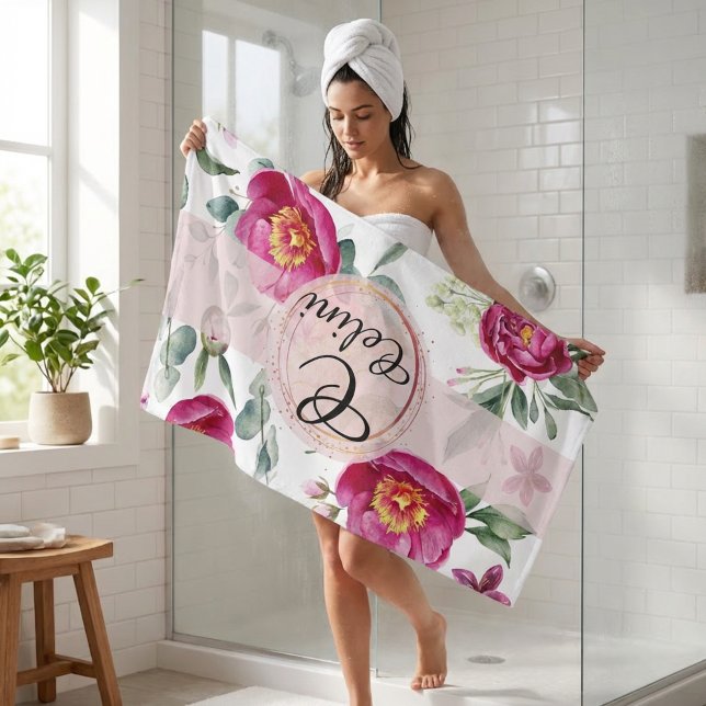 Personalized Peony Floral Throw Pillow and Bath  Towel Set (Peony flower seamless pattern Throw Pillow Bath Towel Set)