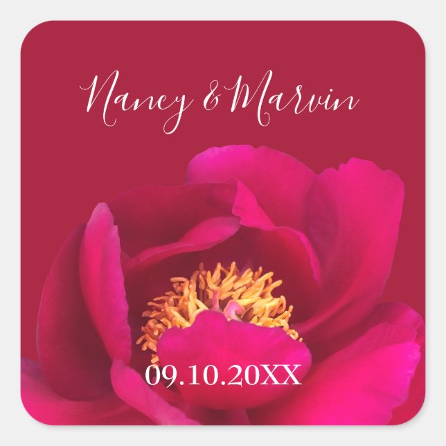 Personalized Peony Rose Ruby Red 40th Anniversary Square Sticker (Front)