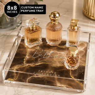Personalized Perfume Tray, Elegant Brown Gold Acrylic Tray