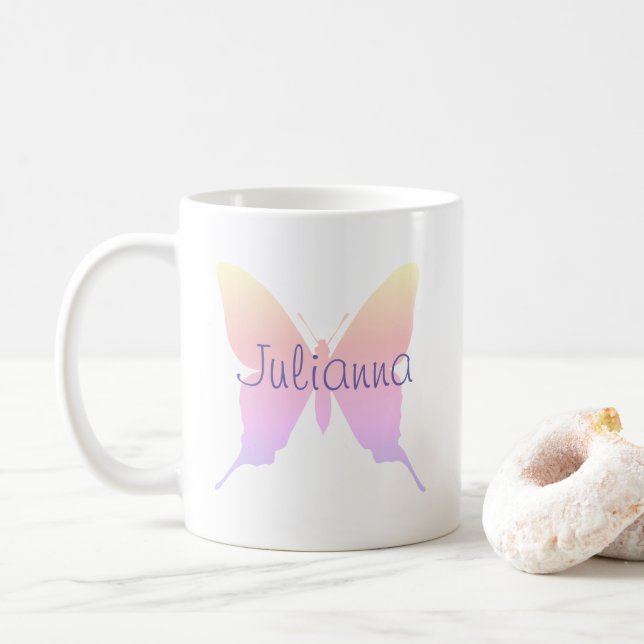 Personalized Periwinkle Pastel Rainbow Butterfly Coffee Mug (With Donut)