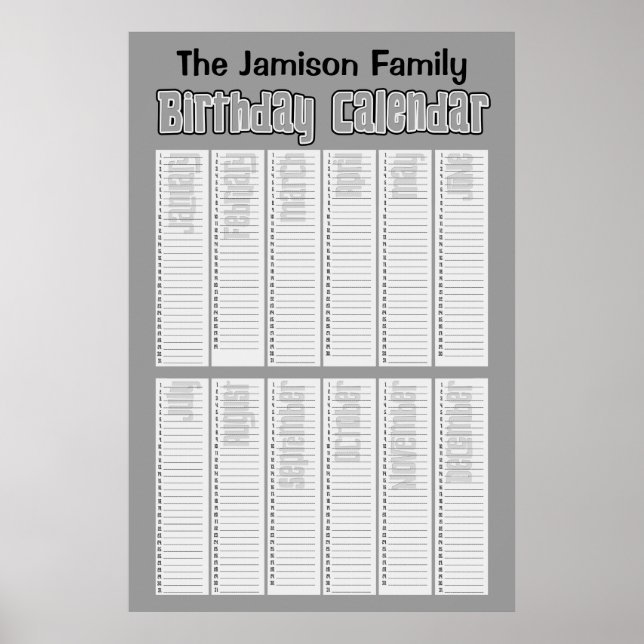 Personalized Perpetual Birthday Calendar Poster (Front)
