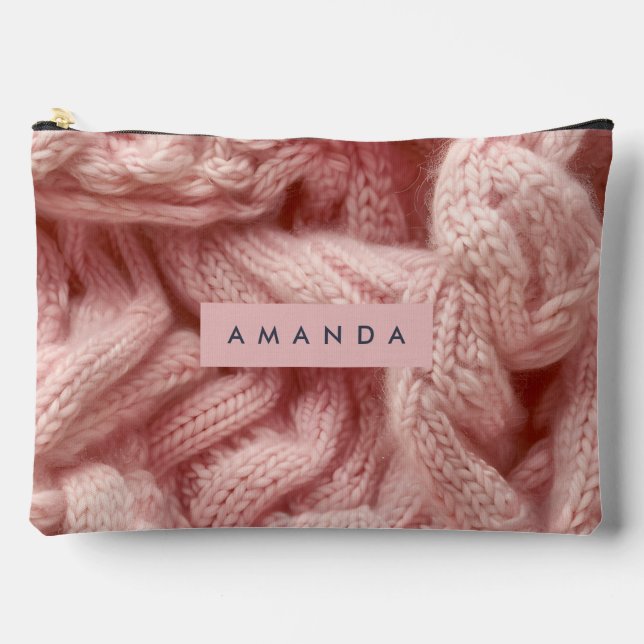 Personalized Personalized Pink Cable Knit  Accessory Pouch (Front)