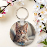 Personalized pet 2 photo cat lover keepsake name  keychain<br><div class="desc">This charming keychain showcases a silhouette of your cherished cat and can be personalized with their name on both sides. It's an ideal way to keep a special reminder of your feline friend with you always. Perfect as a gift for a fellow cat lover or a treasured keepsake for yourself,...</div>