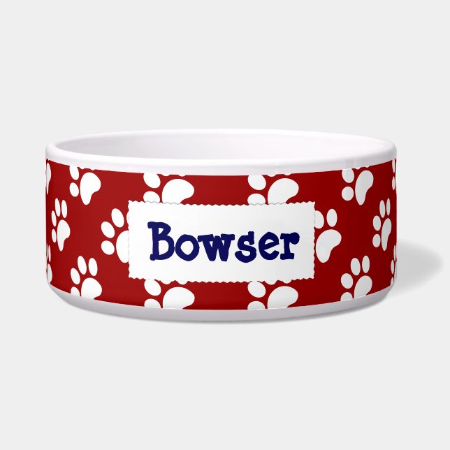 Personalized Pet Bowl, RW&B, Paw Prints, add Name Bowl (Front)