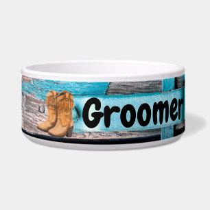 Personalized Pet Bowls Blue Wood Barn Door Boots C