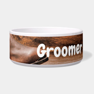 Personalized Pet Bowls Cowboy Boots Barn Wood Rust