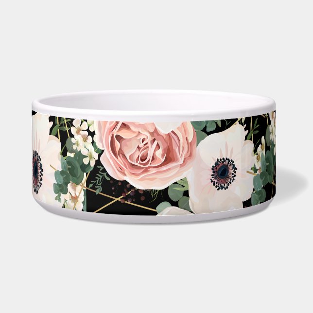 Personalized Pet Bowls Geometric Garden Rose Black (Front)