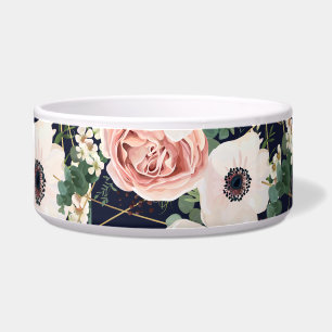 Personalized Pet Bowls Geometric Garden Rose Navy