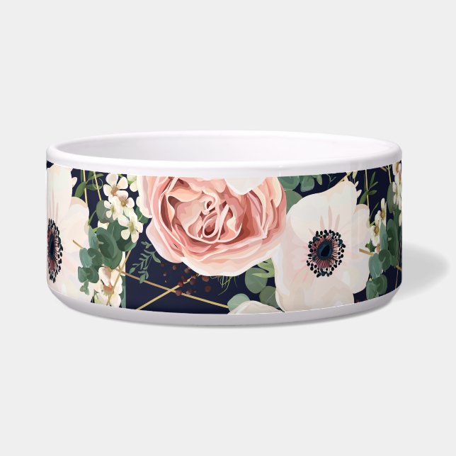 Personalized Pet Bowls Geometric Garden Rose Navy (Front)