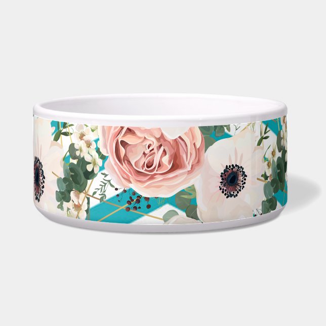 Personalized Pet Bowls Geometric Rose Chevron Teal (Front)