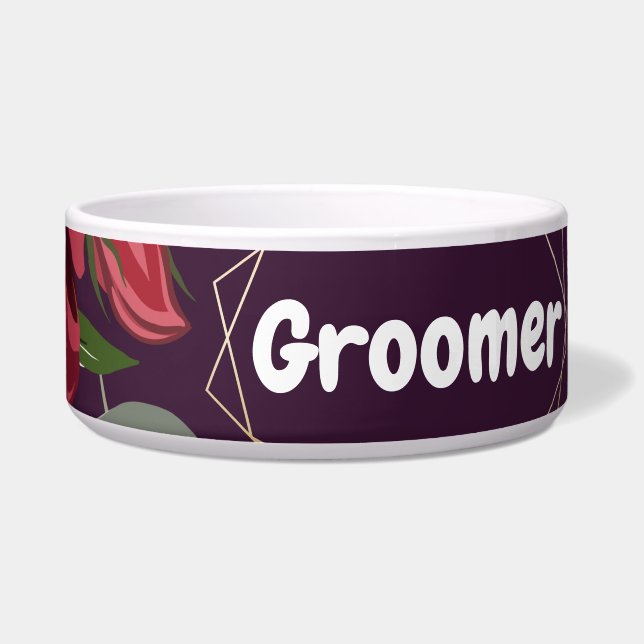Personalized Pet Bowls Plum Purple Roses Gold Geom (Front)