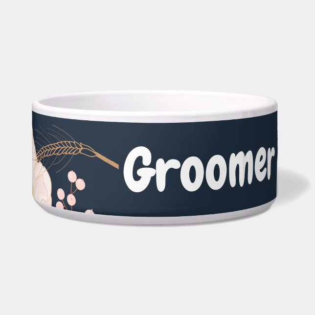 Personalized Pet Bowls White Floral Flowers on Dar (Front)