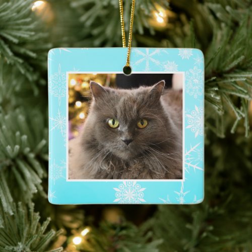 Personalized Pet Cat Dog Blue Snowflake Christmas  Ceramic Ornament