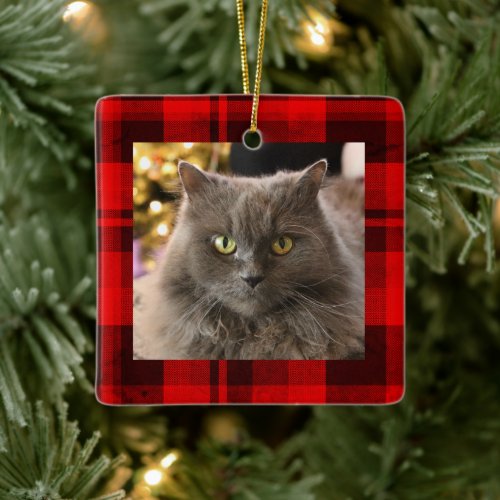 Personalized Pet Cat Dog Buffalo Plaid Christmas Ceramic Ornament