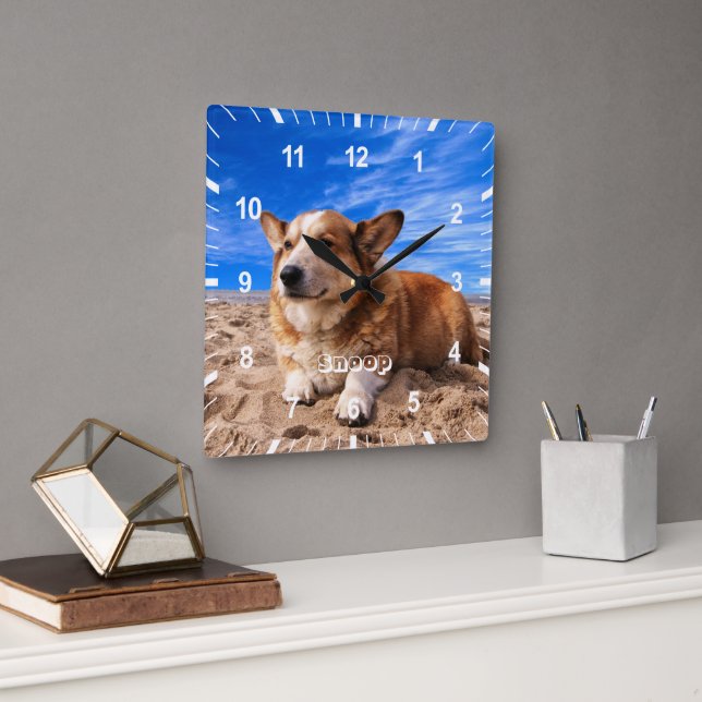 Personalized Pet Cat Dog Photo Name Square Wall Clock (Office)