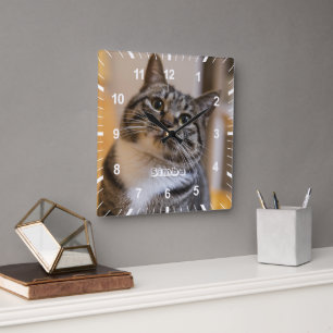 Personalized Pet Cat Dog Photo Name Square Wall Clock