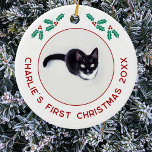 Personalized Pet Cat First Christmas Photo Ceramic Ornament<br><div class="desc">Celebrate your kitten's first Christmas with this charming personalized photo ornament. Add your own photo and change any of the text to customize. With pretty holly sprigs and modern text in festive red, it beautifully showcases your favorite photograph of your kitty cat, making it a perfect keepsake for pet lovers....</div>
