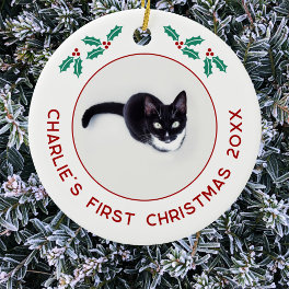 Personalized Pet Cat First Christmas Photo Ceramic Ornament