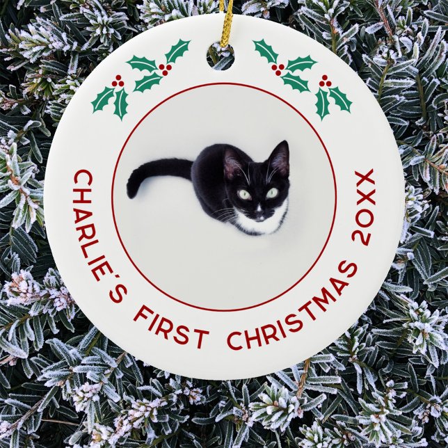 Personalized Pet Cat First Christmas Photo Ceramic Ornament (Personalized cat photo first Christmas ornament)